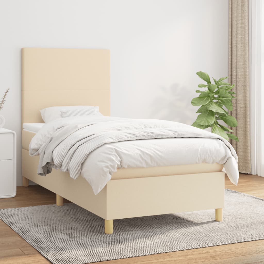 Boxspring met matras stof crèmekleurig 90x200 cm – afbeelding 1