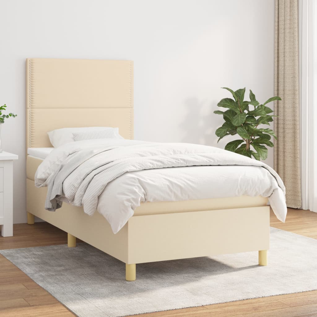 Boxspring met matras stof crèmekleurig 90x200 cm – afbeelding 1