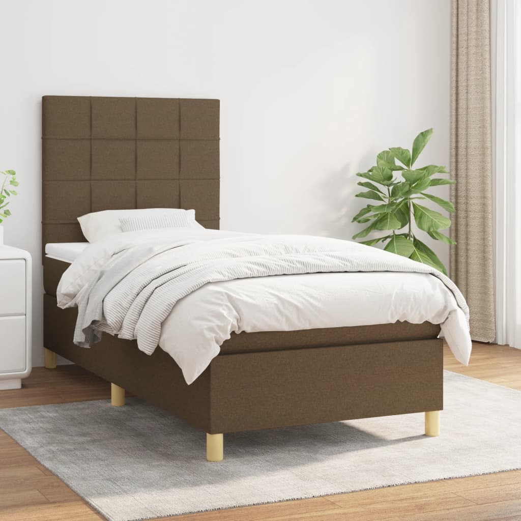 Boxspring met matras stof donkerbruin 90x190 cm – afbeelding 1