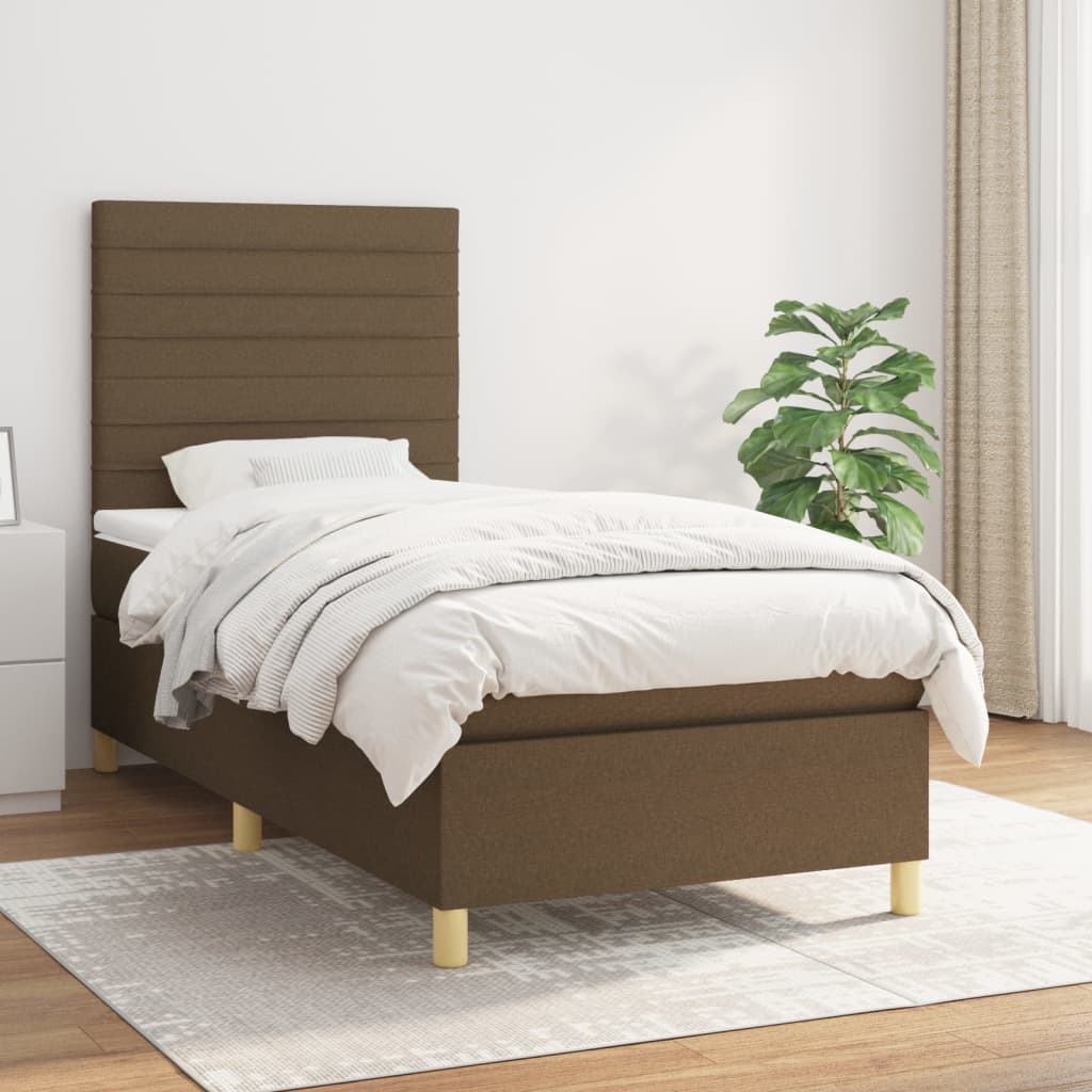 Boxspring met matras stof donkerbruin 90x190 cm – afbeelding 1