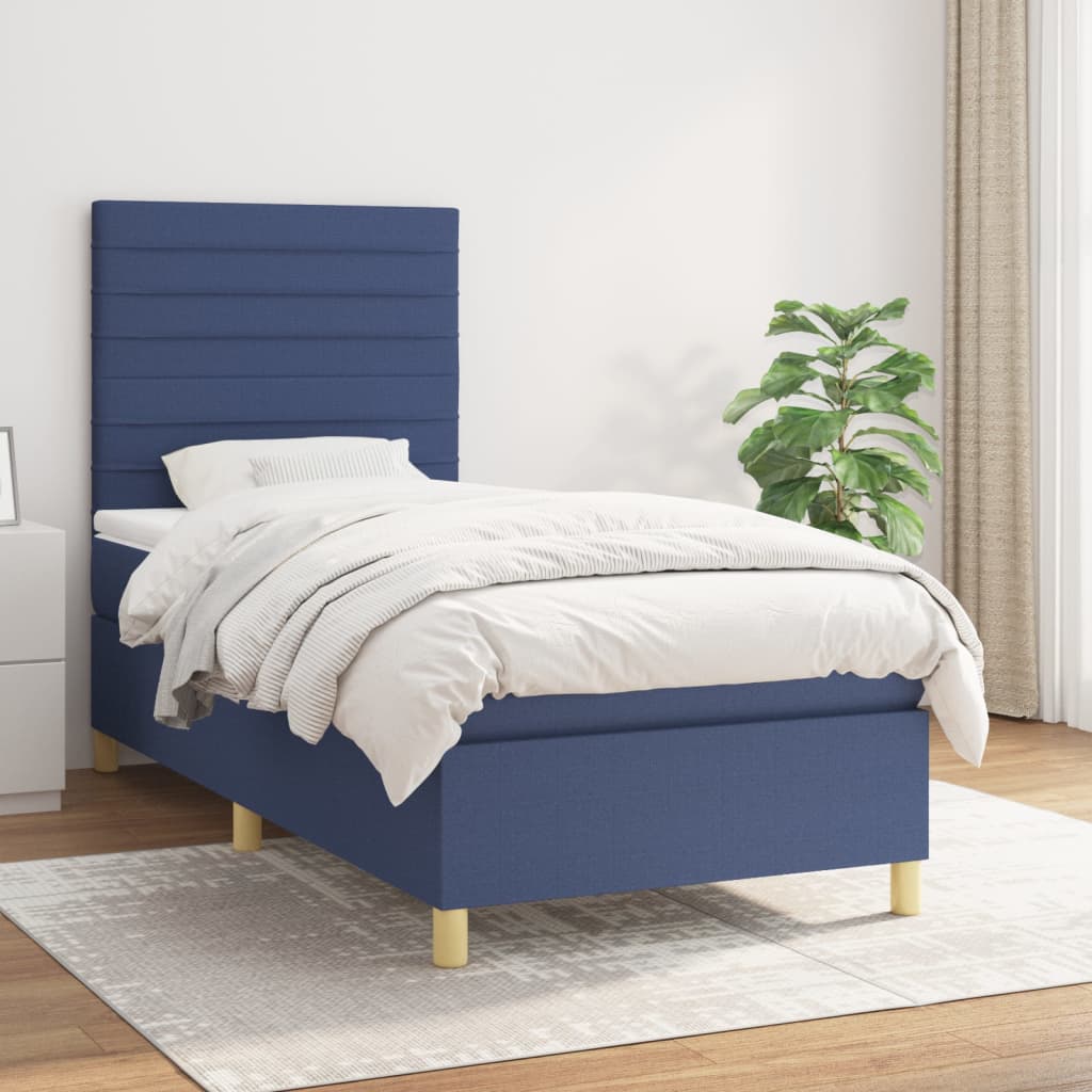 Boxspring met matras stof blauw 90x190 cm – afbeelding 1