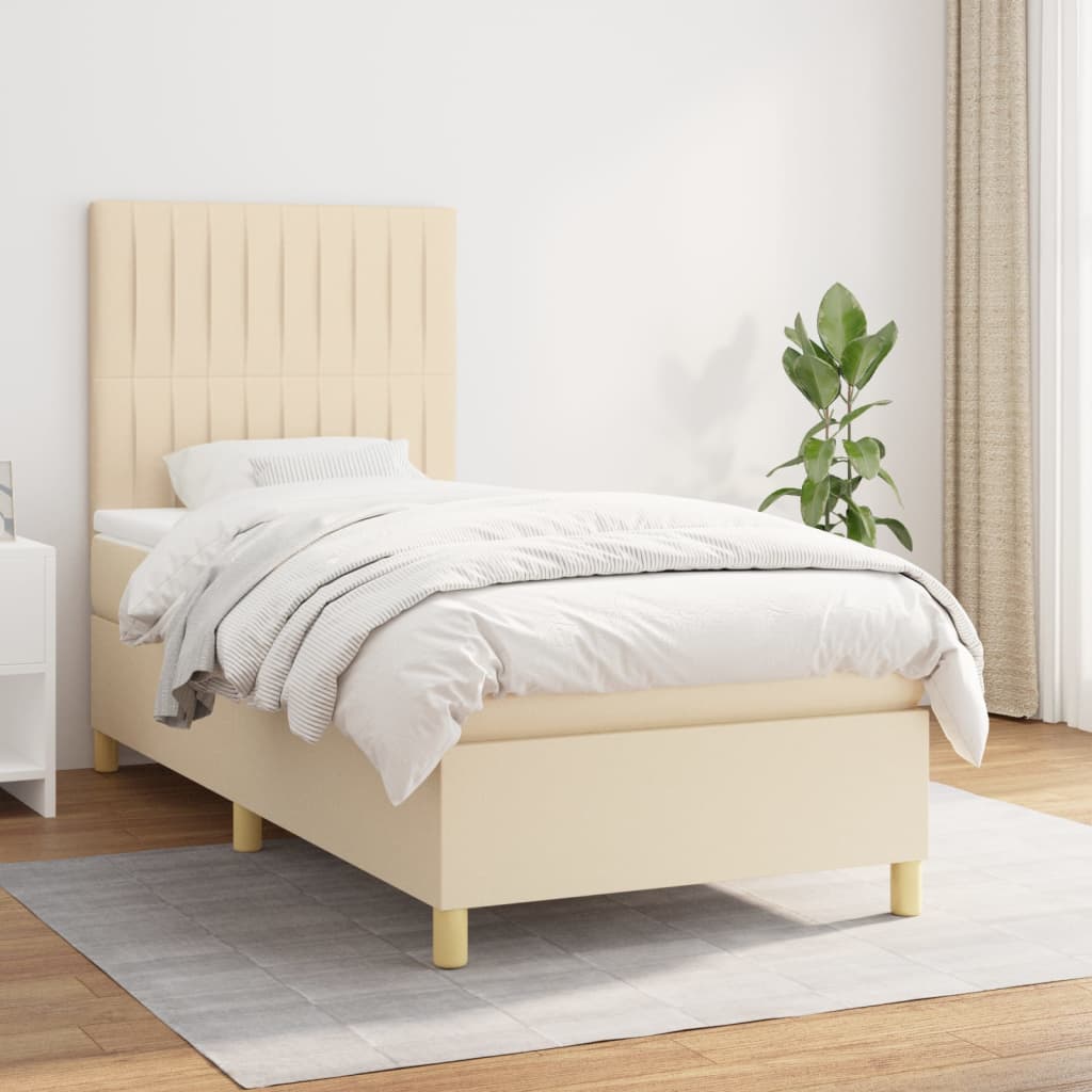 Boxspring met matras stof crèmekleurig 90x200 cm – afbeelding 1