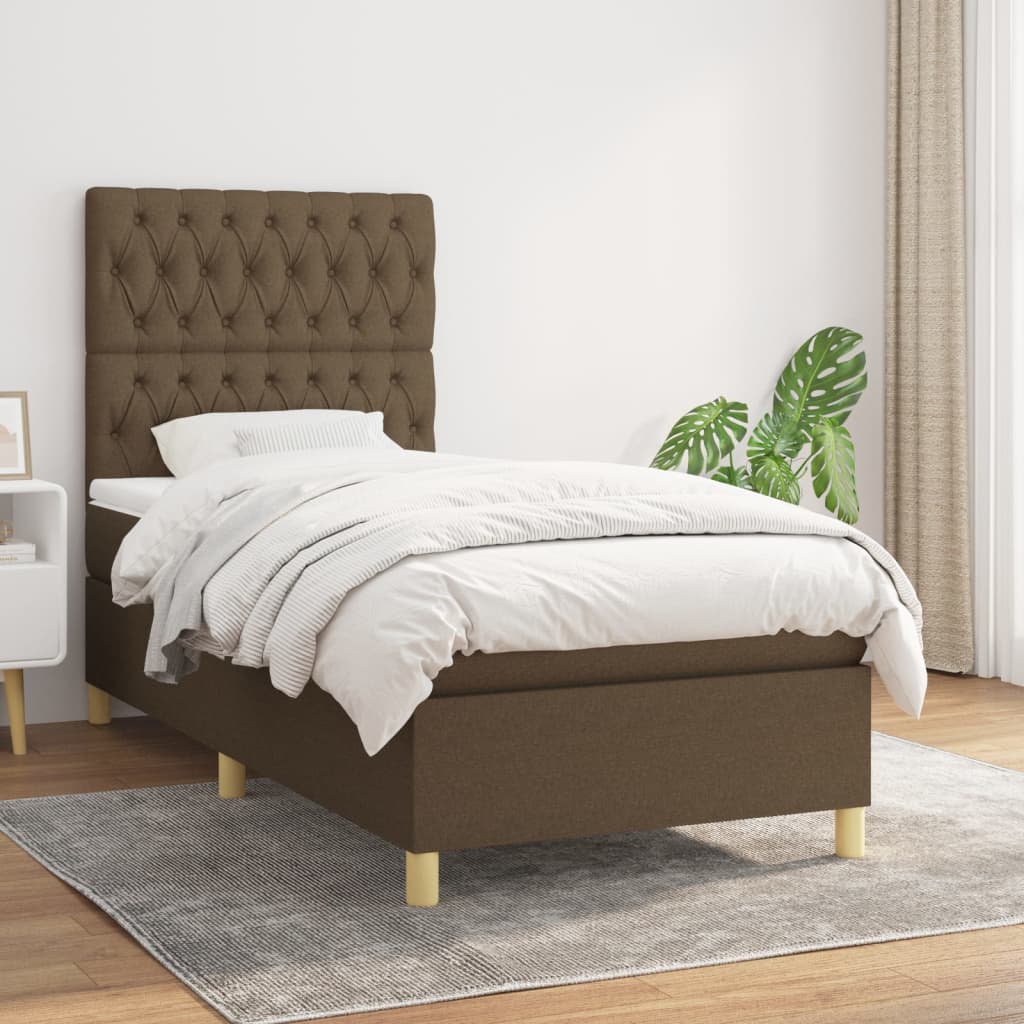 Boxspring met matras stof donkerbruin 90x190 cm – afbeelding 1