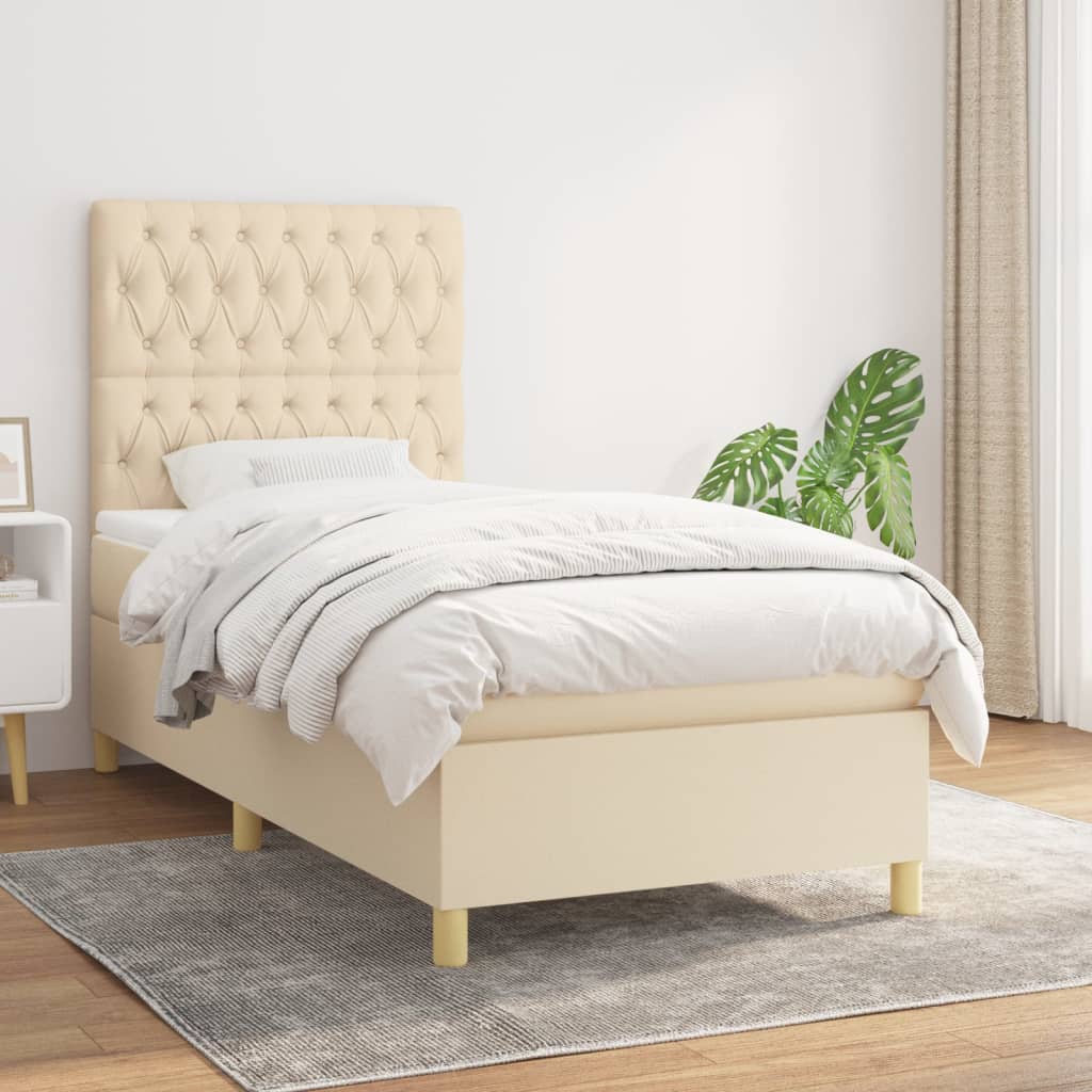 Boxspring met matras stof crèmekleurig 90x190 cm – afbeelding 1