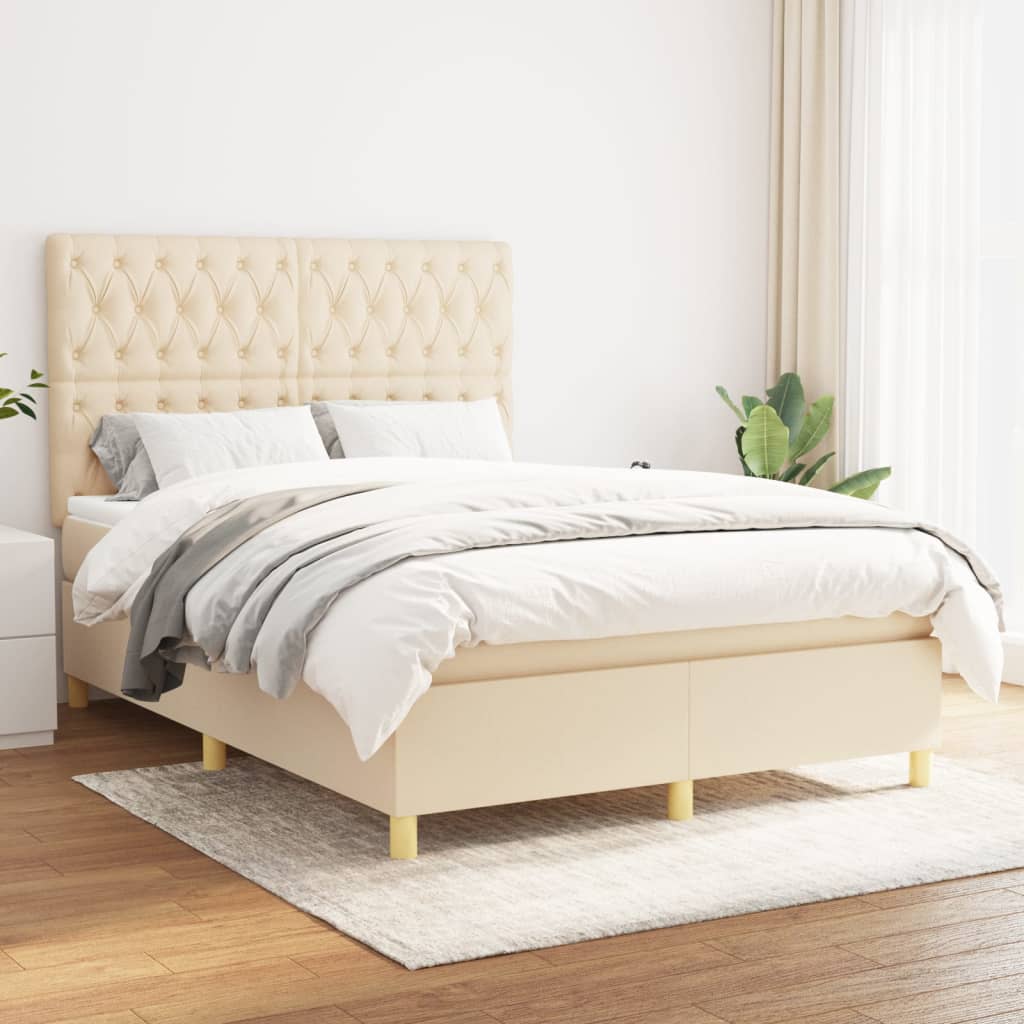 Boxspring met matras stof crèmekleurig 140x200 cm – afbeelding 1