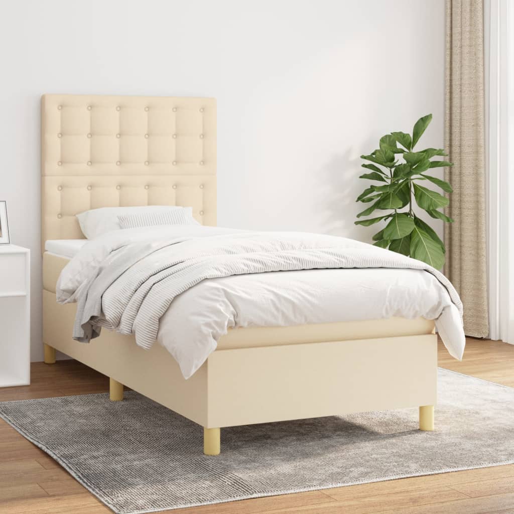 Boxspring met matras stof crèmekleurig 90x200 cm – afbeelding 1