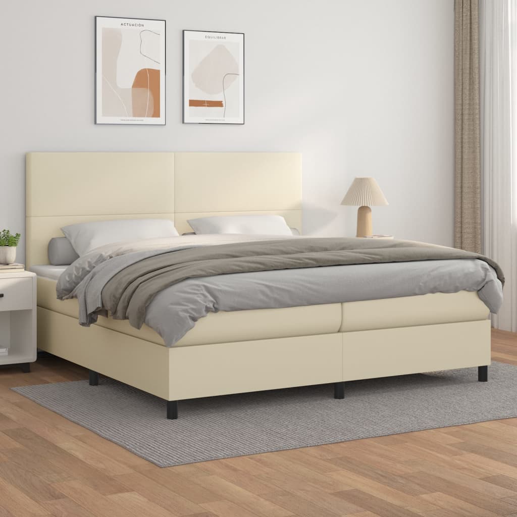Boxspring met matras kunstleer crèmekleurig 200x200 cm – afbeelding 1