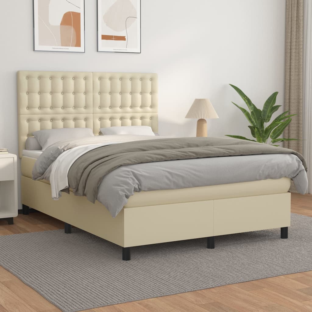 Boxspring met matras kunstleer crèmekleurig 140x190 cm – afbeelding 1