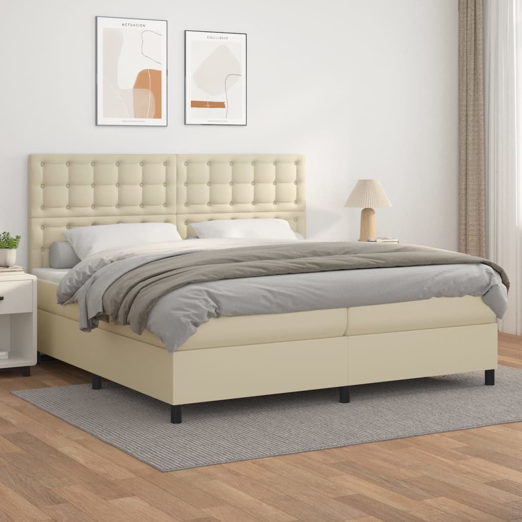 Boxspring met matras kunstleer crèmekleurig 200x200 cm – afbeelding 1