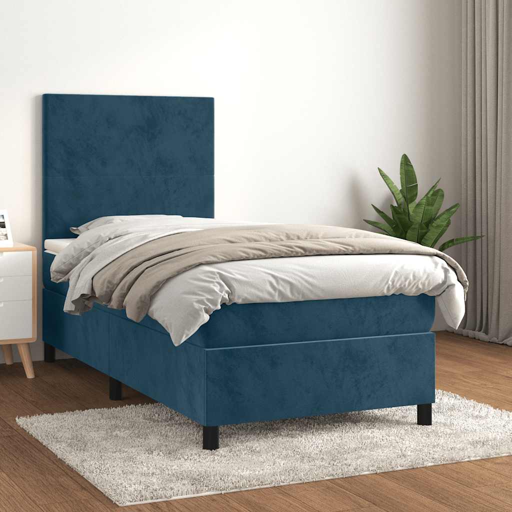 Boxspring met matras fluweel donkerblauw 90x190 cm – afbeelding 1