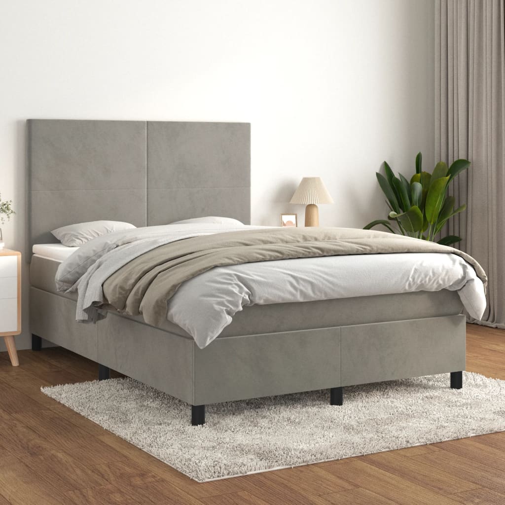 Boxspring met matras fluweel lichtgrijs 140x190 cm – afbeelding 1