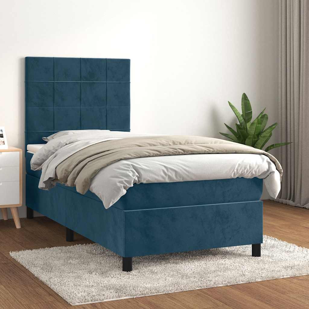 Boxspring met matras fluweel donkerblauw 90x190 cm – afbeelding 1
