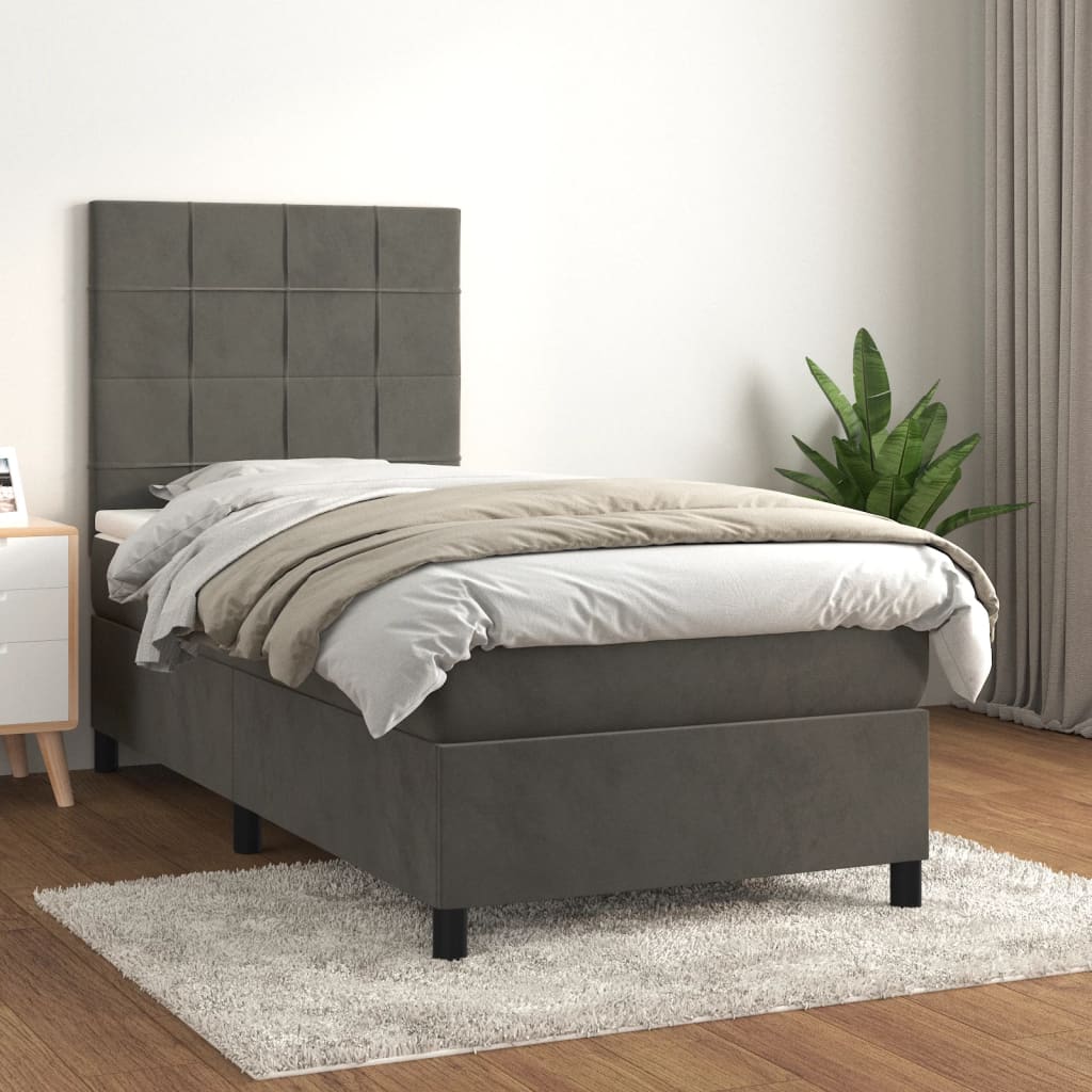 Boxspring met matras fluweel donkergrijs 90x200 cm – afbeelding 1
