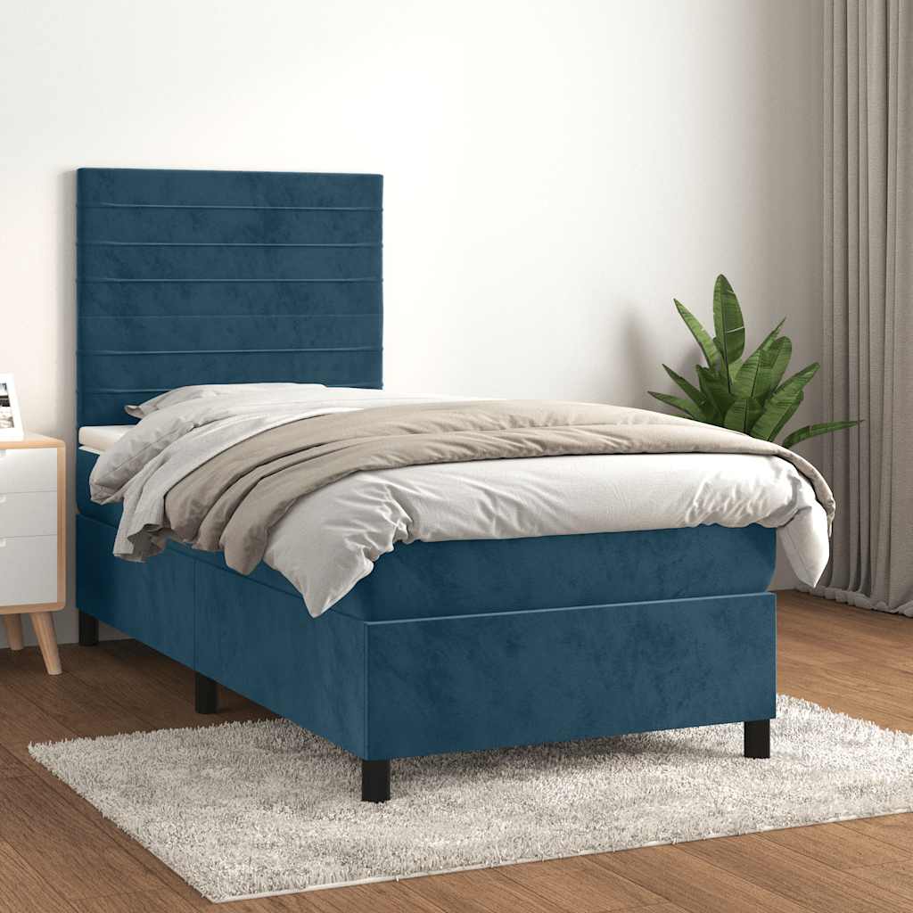 Boxspring met matras fluweel donkerblauw 90x200 cm – afbeelding 1