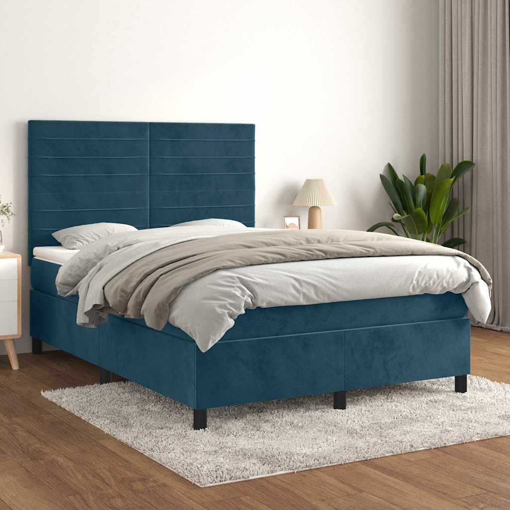 Boxspring met matras fluweel donkerblauw 140x200 cm – afbeelding 1