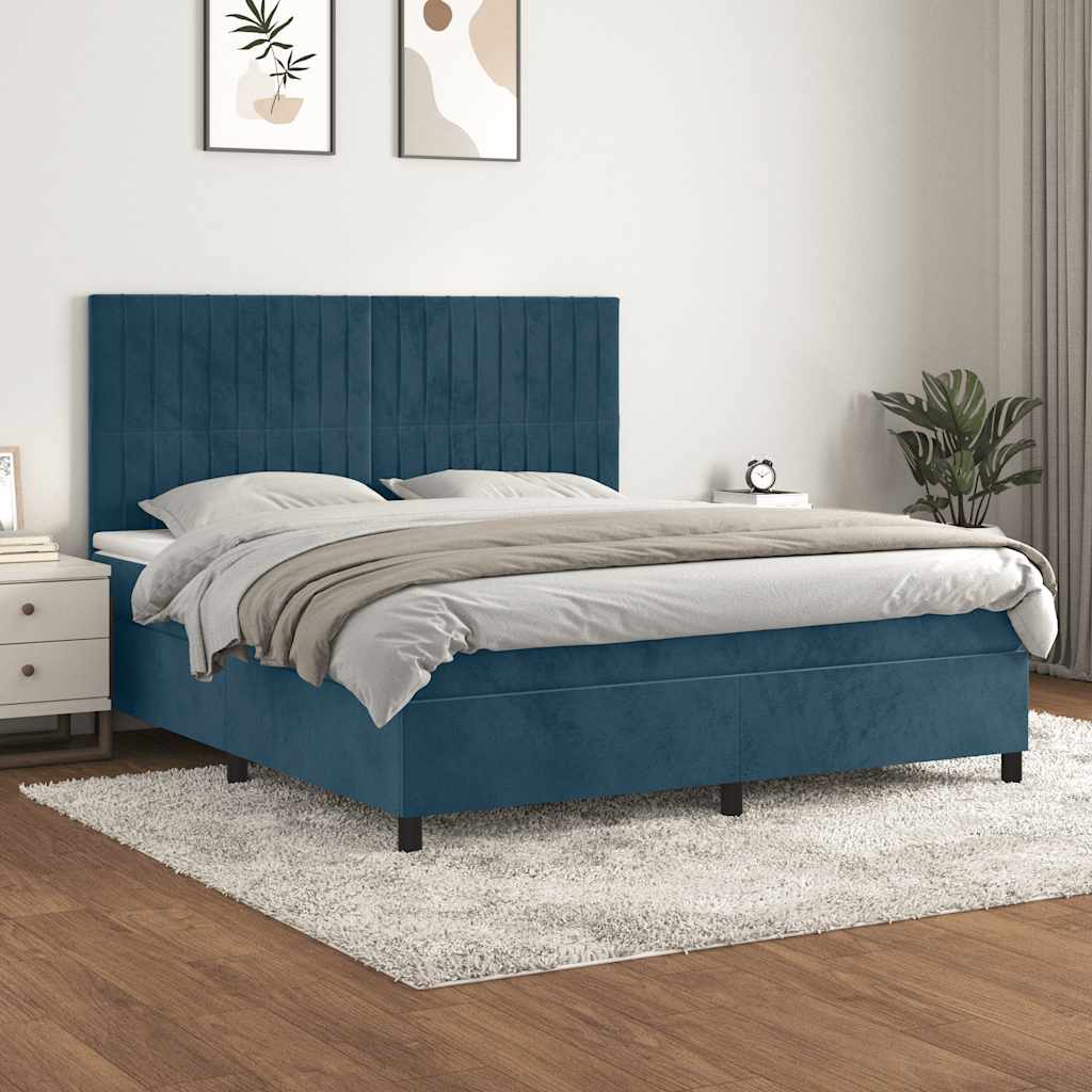 Boxspring met matras fluweel donkerblauw 160x200 cm – afbeelding 1