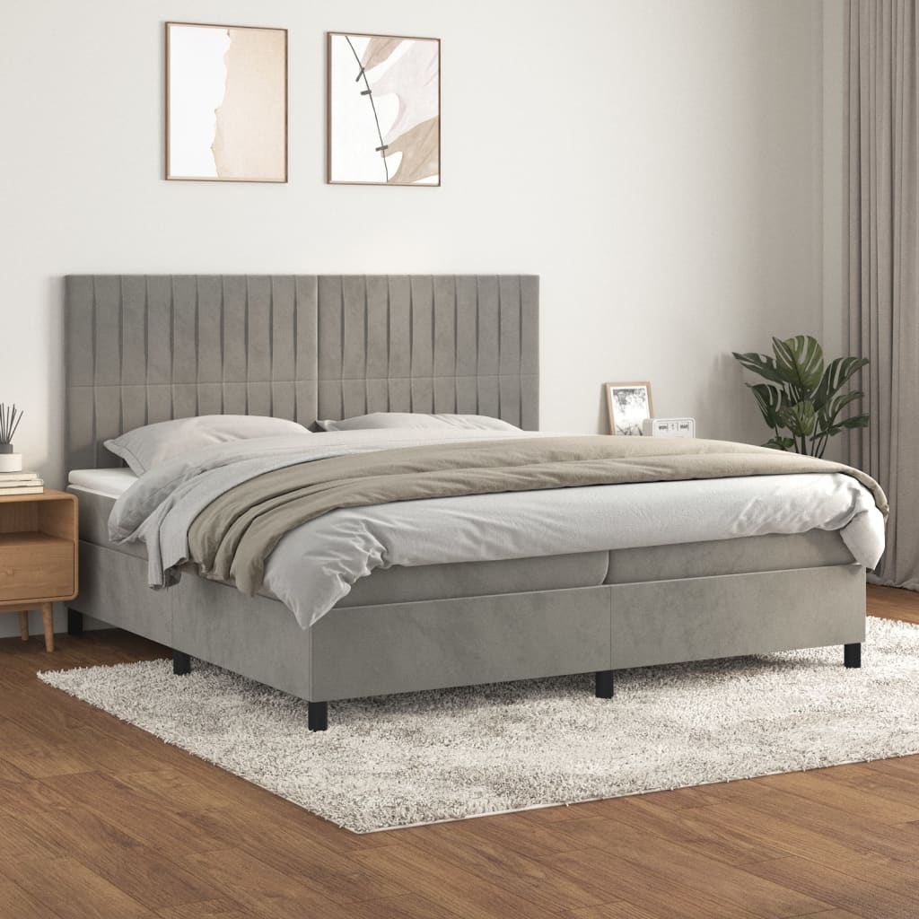 Boxspring met matras fluweel lichtgrijs 200x200 cm – afbeelding 1