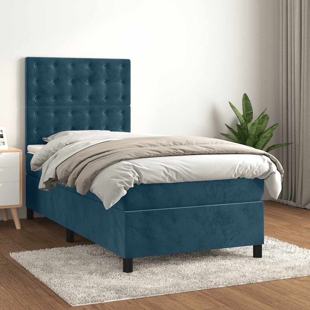 Boxspring met matras fluweel donkerblauw 90x200 cm – afbeelding 1