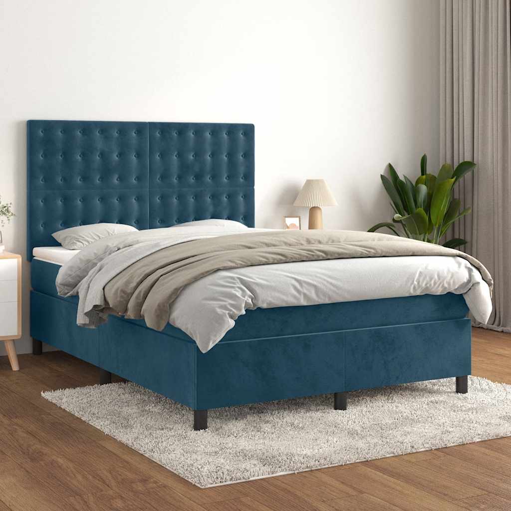 Boxspring met matras fluweel donkerblauw 140x200 cm – afbeelding 1