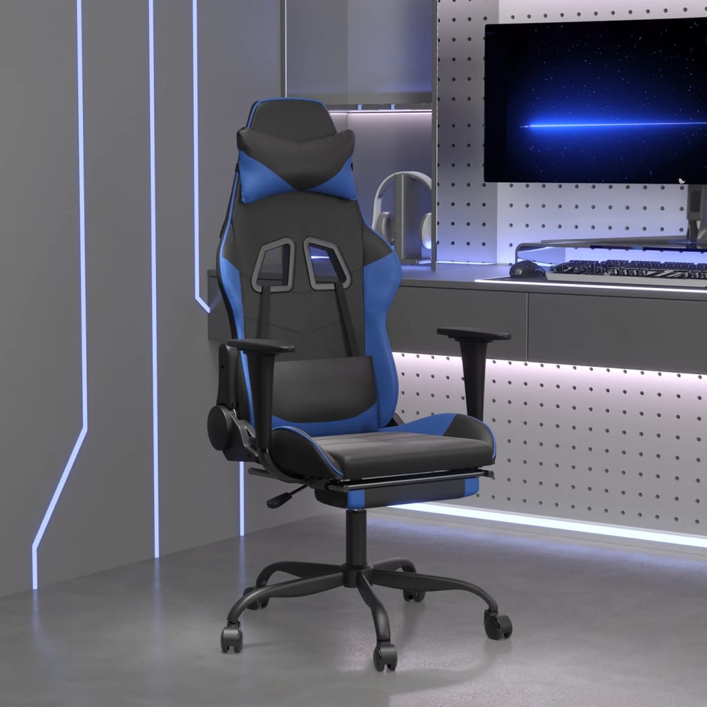 Gamestoel met voetensteun kunstleer zwart en blauw