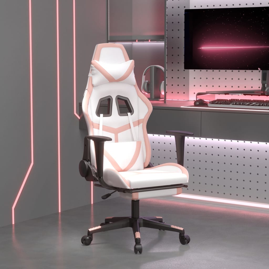 Gamestoel met voetensteun kunstleer wit en roze