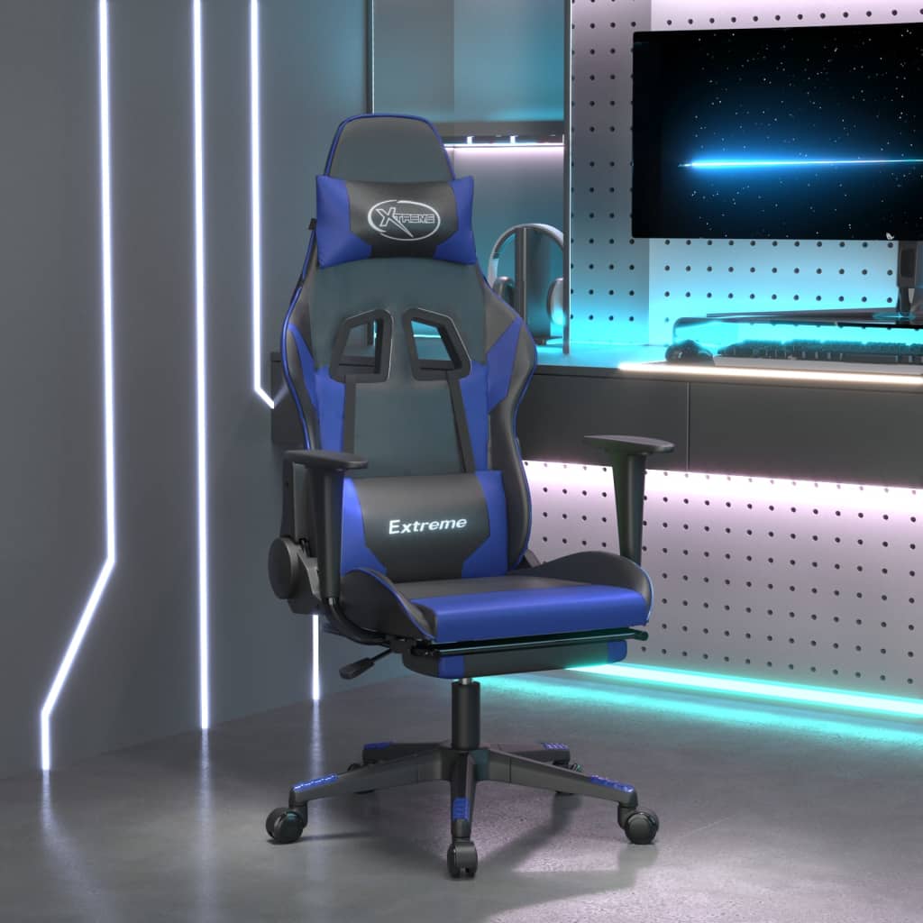 Gamestoel met voetensteun kunstleer zwart en blauw