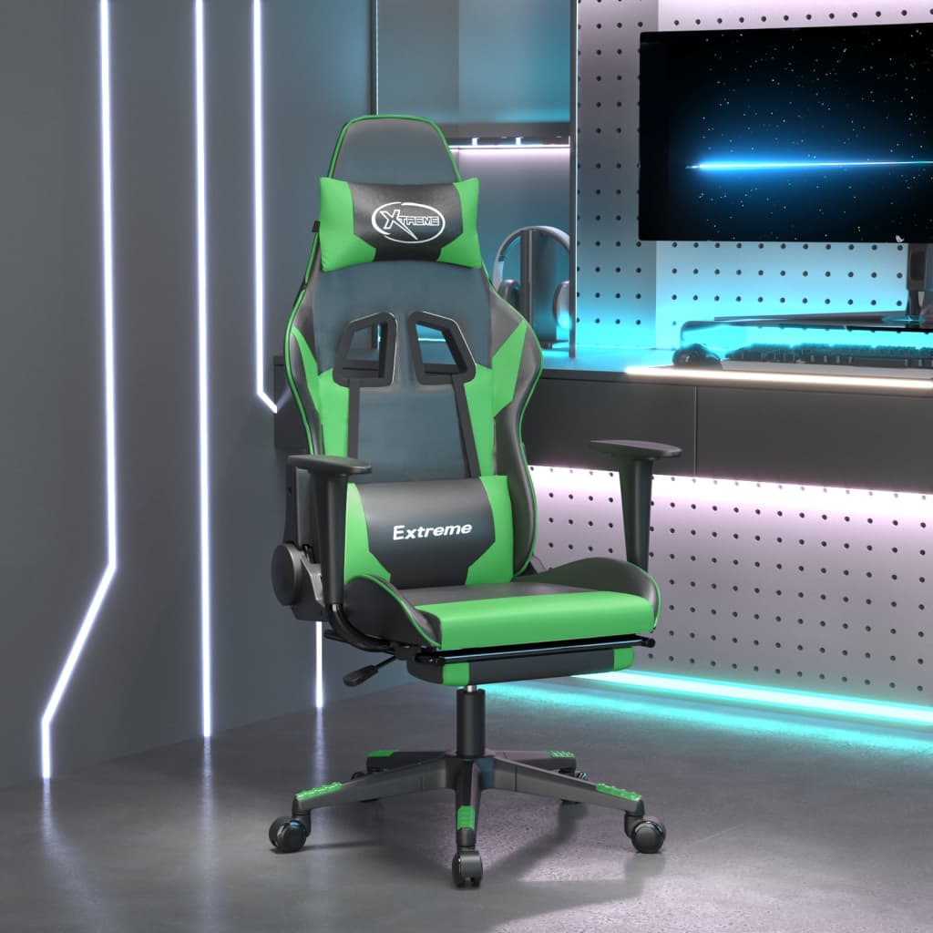 Gamestoel met voetensteun kunstleer zwart en groen – afbeelding 1