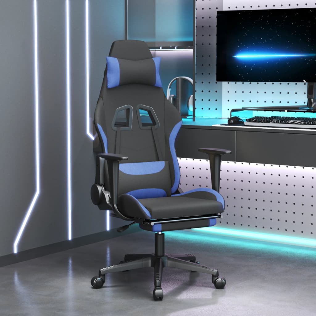 Gamestoel met voetensteun stof zwart en blauw