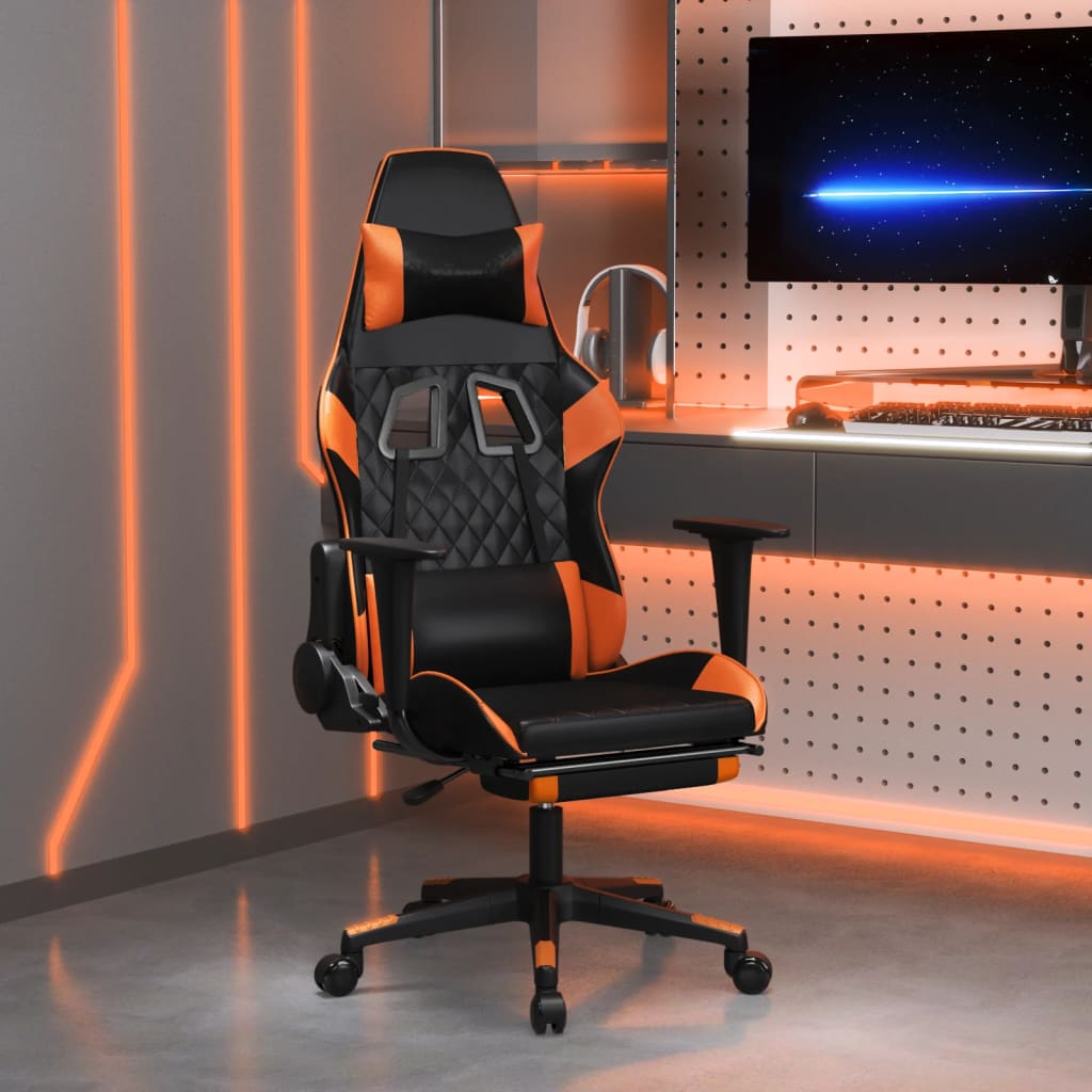 Gamestoel met voetensteun kunstleer zwart en oranje