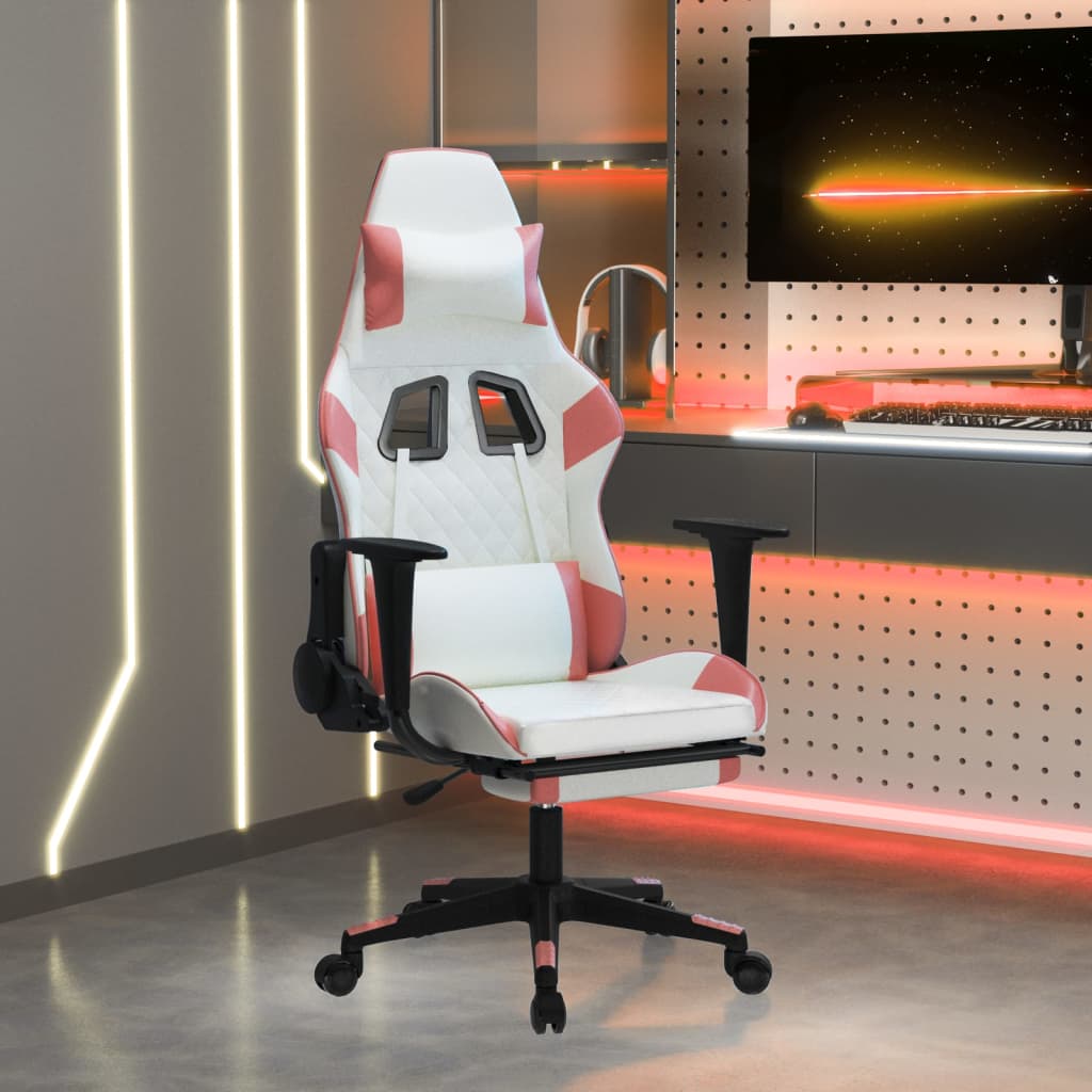 Gamestoel met voetensteun kunstleer wit en roze – afbeelding 1