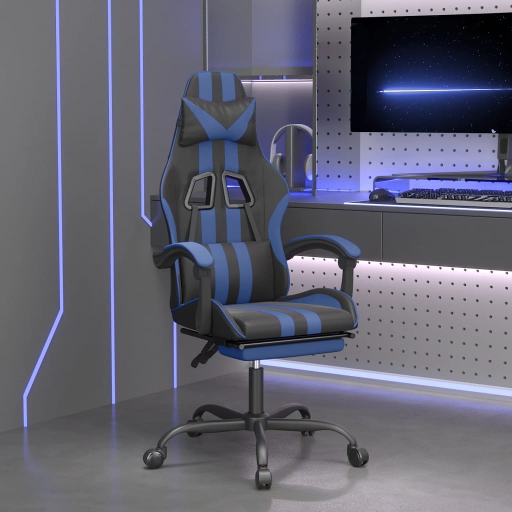 Gamestoel met voetensteun kunstleer zwart en blauw