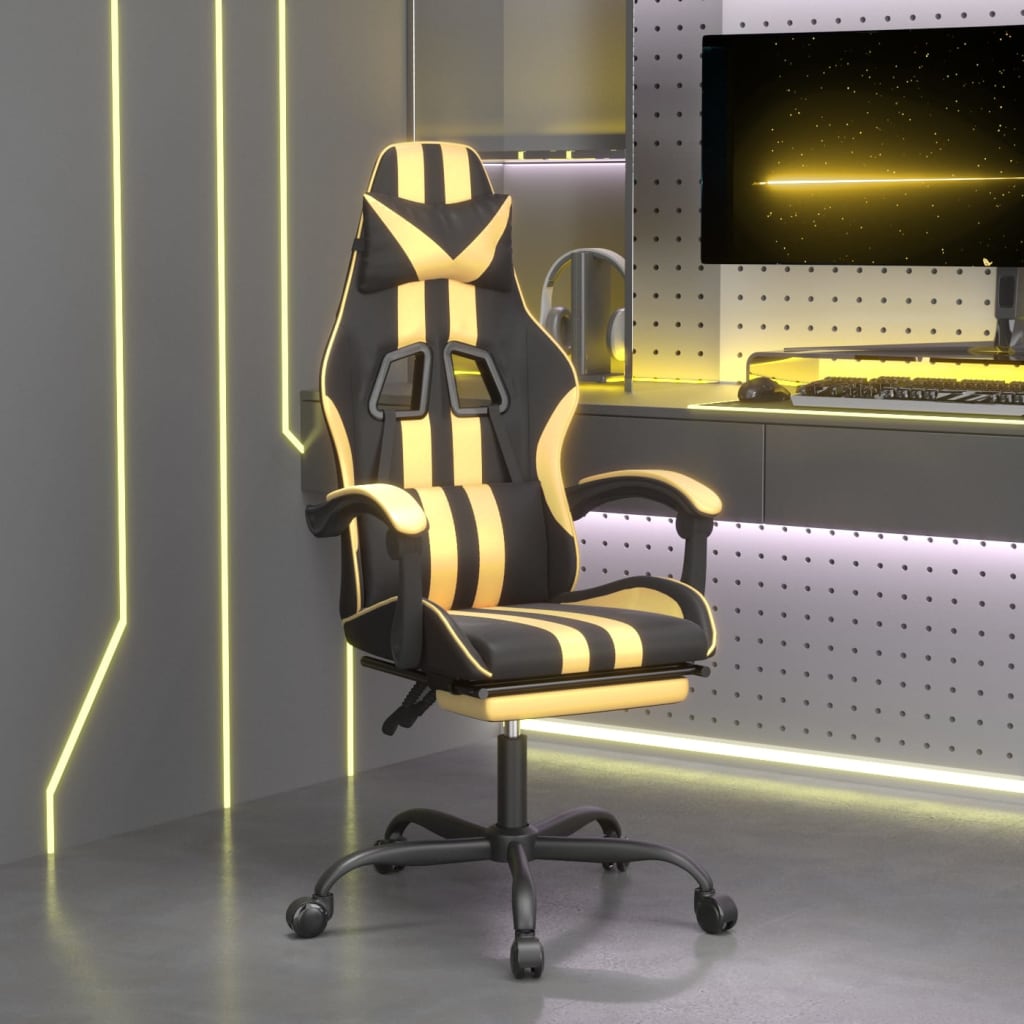 Gamestoel met voetensteun kunstleer zwart en goudkleurig