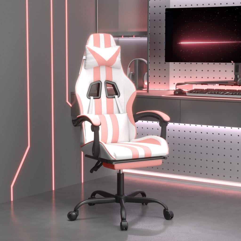 Gamestoel met voetensteun kunstleer wit en roze