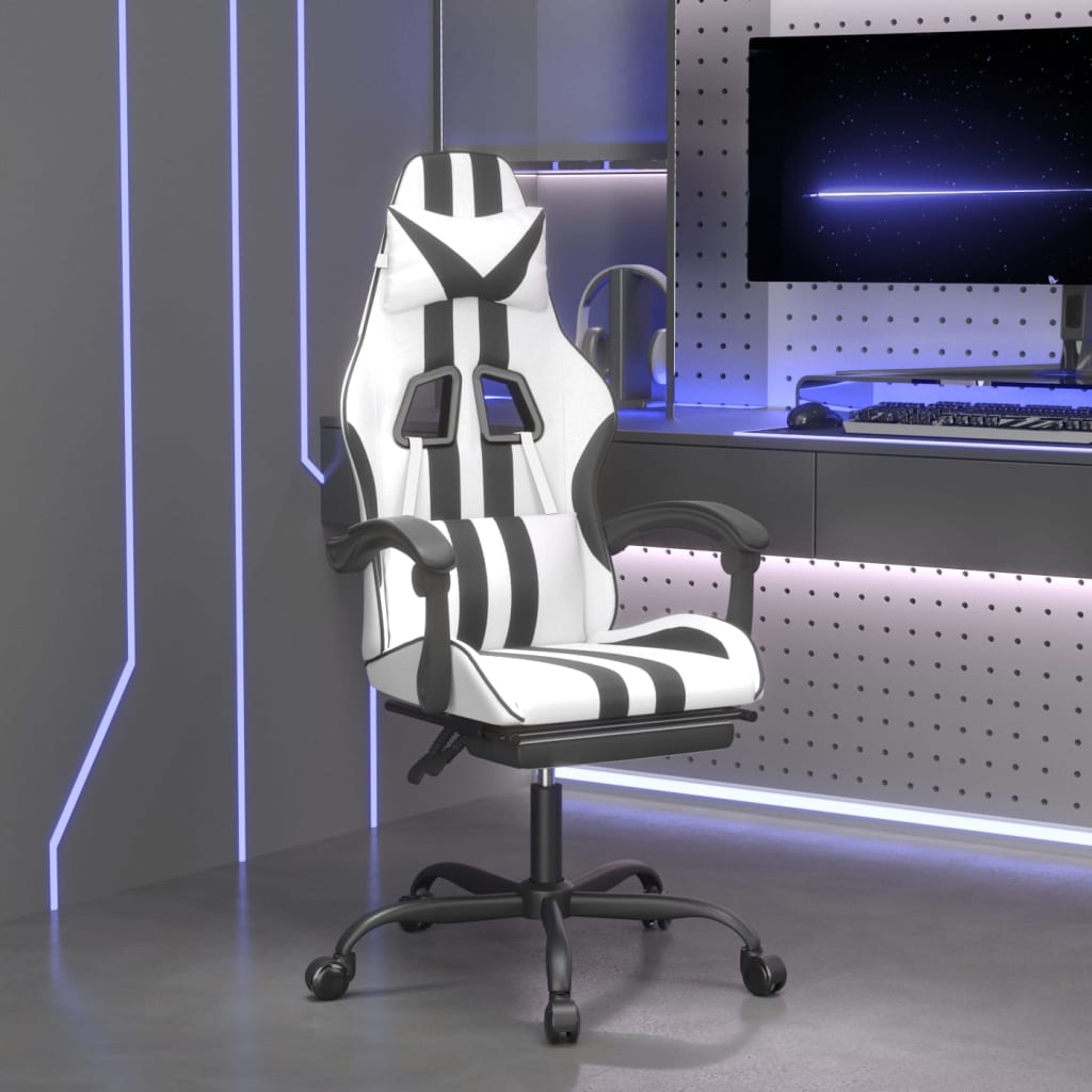 Gamestoel met voetensteun kunstleer wit en zwart