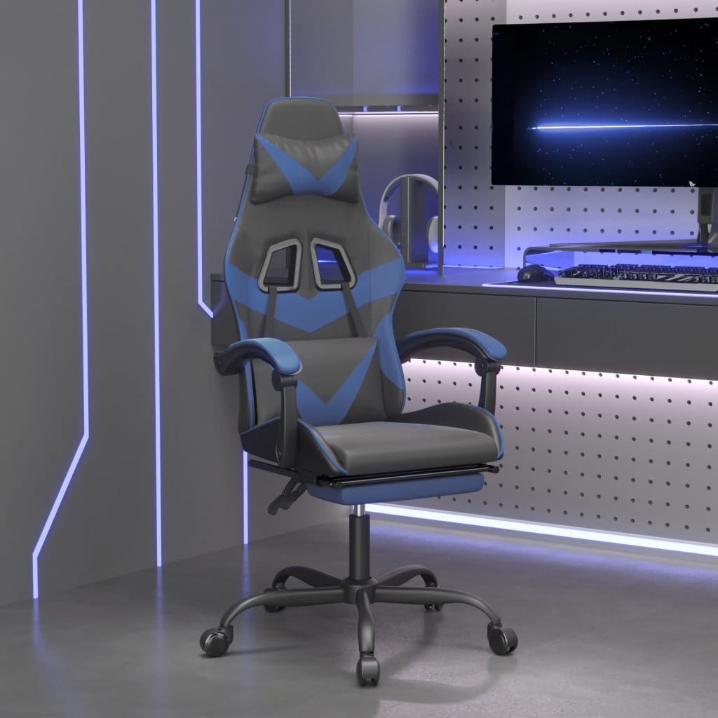 Gamestoel met voetensteun kunstleer zwart en blauw
