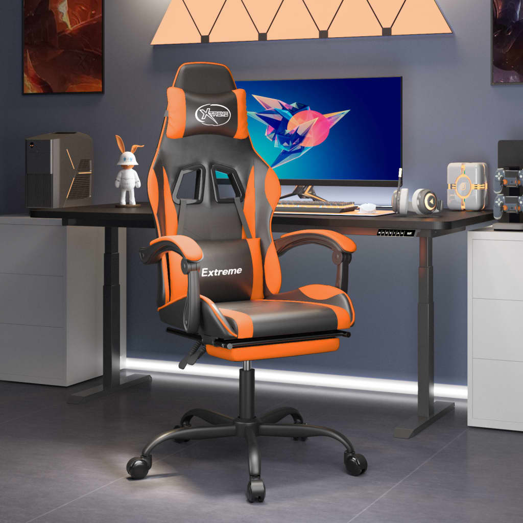 Gamestoel met voetensteun kunstleer zwart en oranje