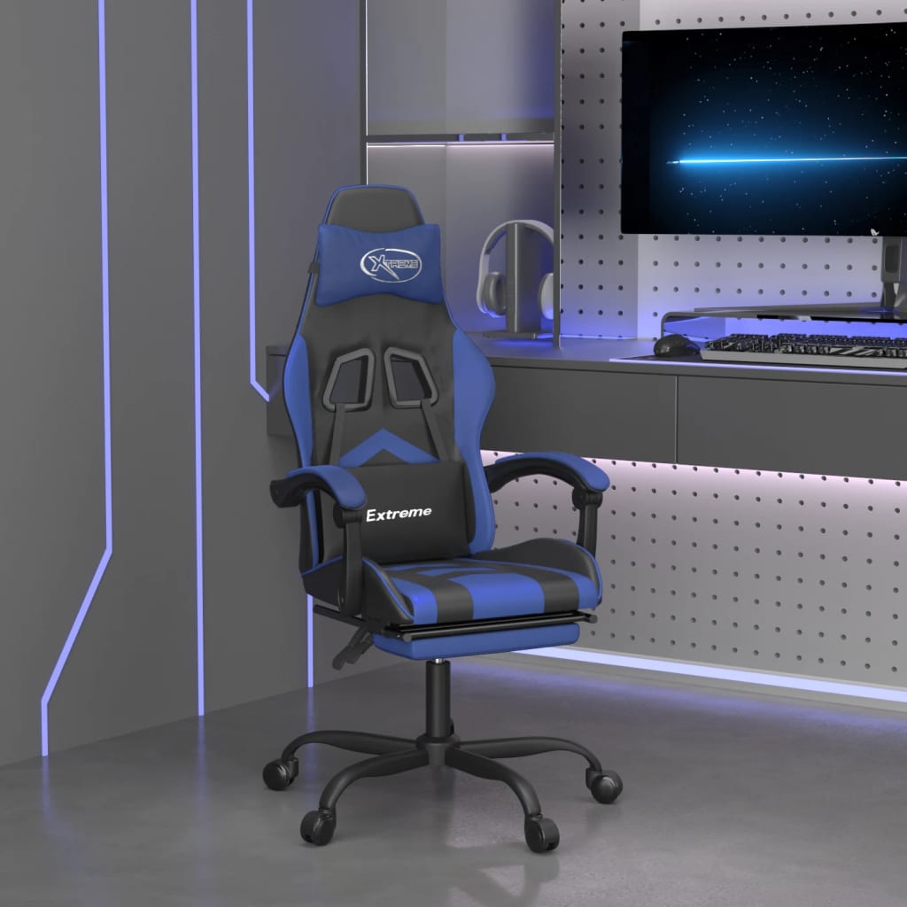 Gamestoel met voetensteun kunstleer zwart en blauw