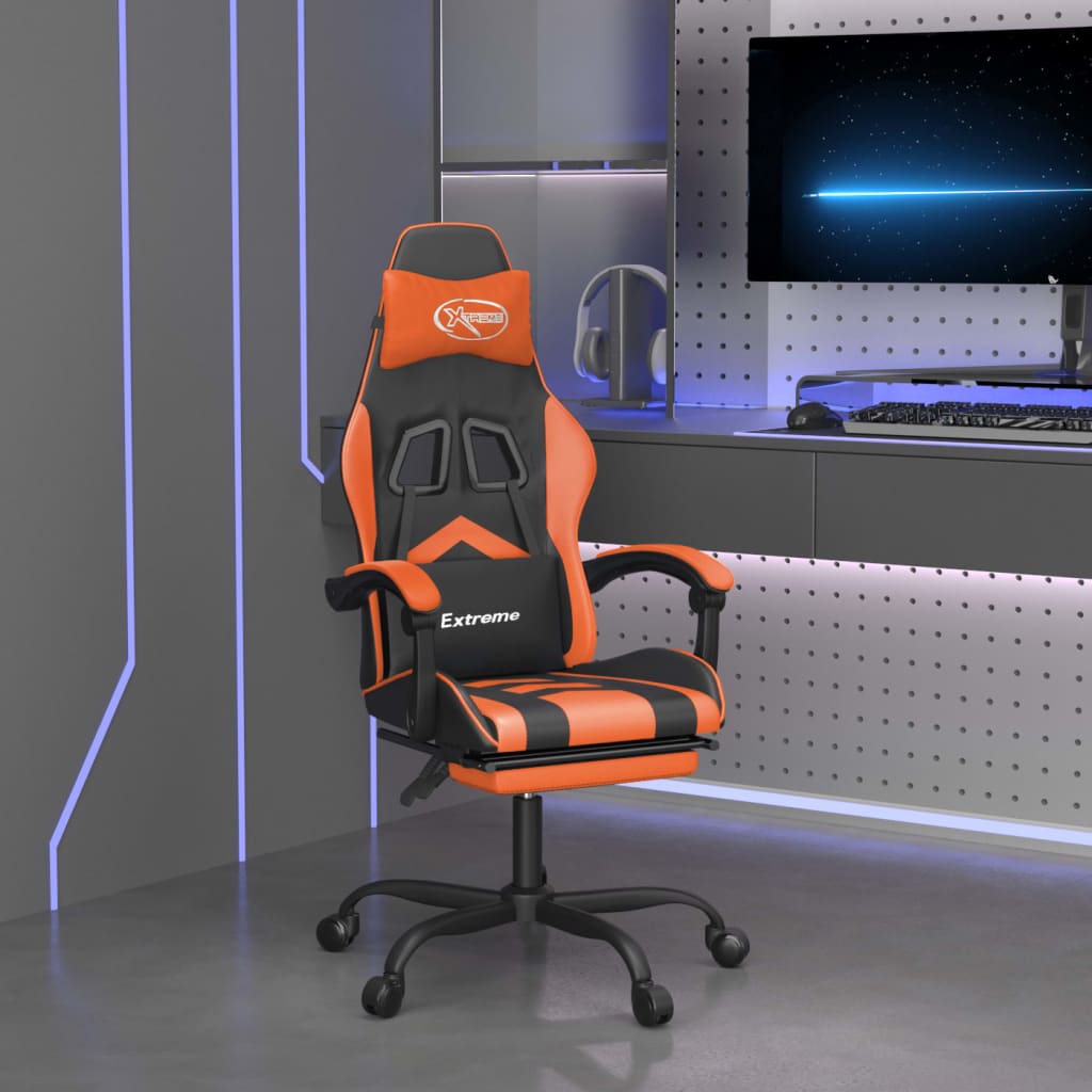 Gamestoel met voetensteun kunstleer zwart en oranje
