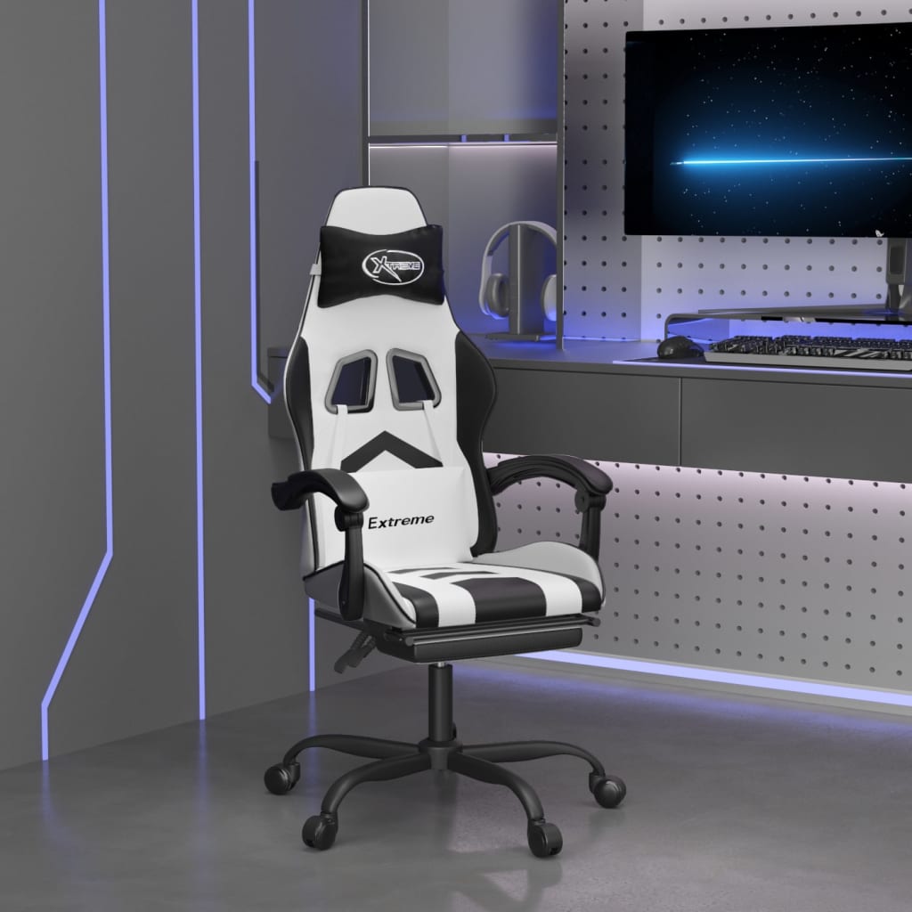 Gamestoel met voetensteun kunstleer wit en zwart