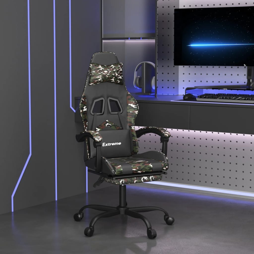 Gamestoel met voetensteun kunstleer zwart en camouflage – afbeelding 1