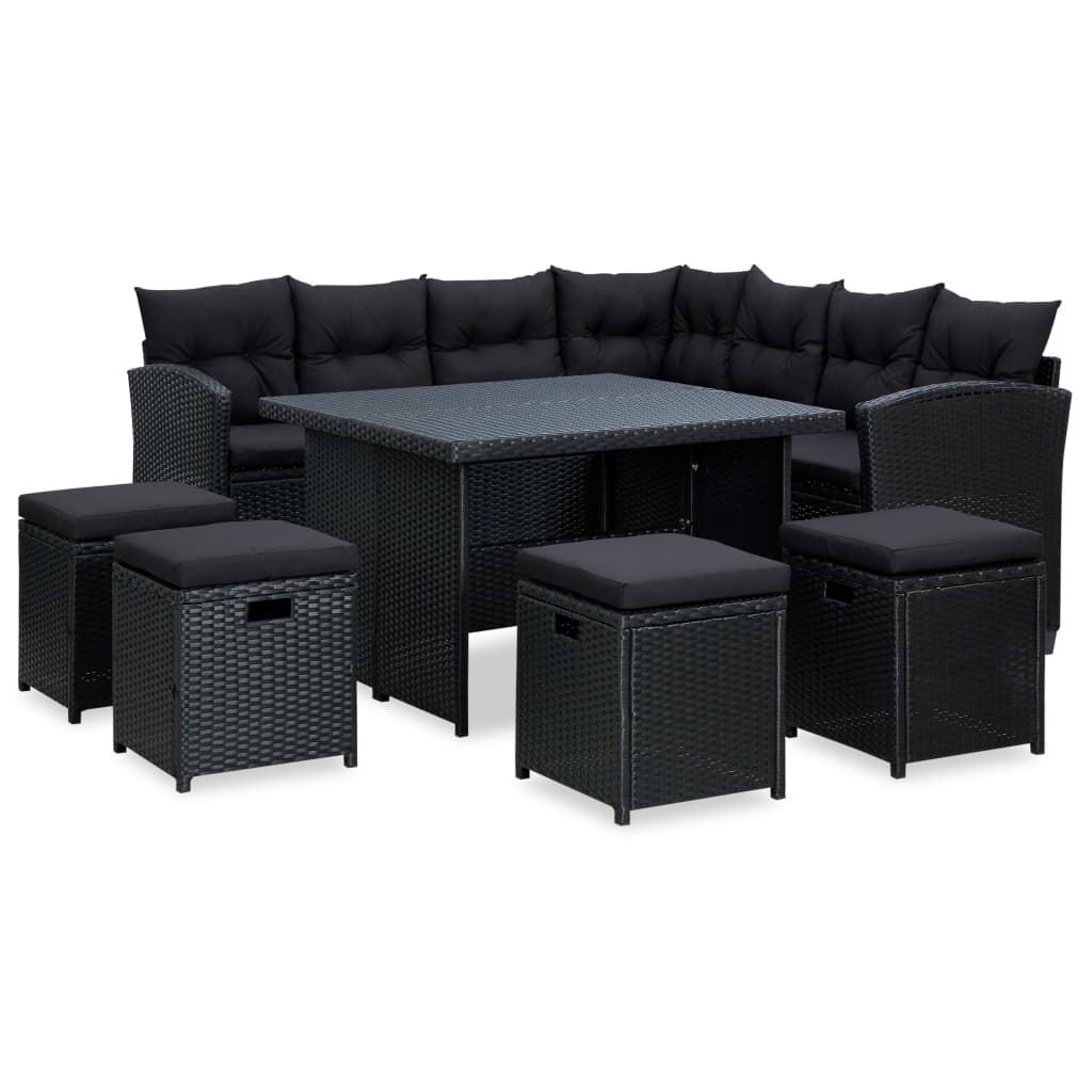 6-delige Loungeset met kussens poly rattan zwart – afbeelding 1