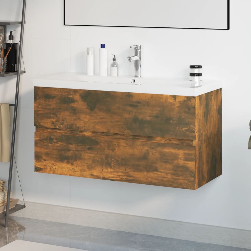 Wastafelkast met ingebouwde wasbak bewerkt hout gerookt eiken