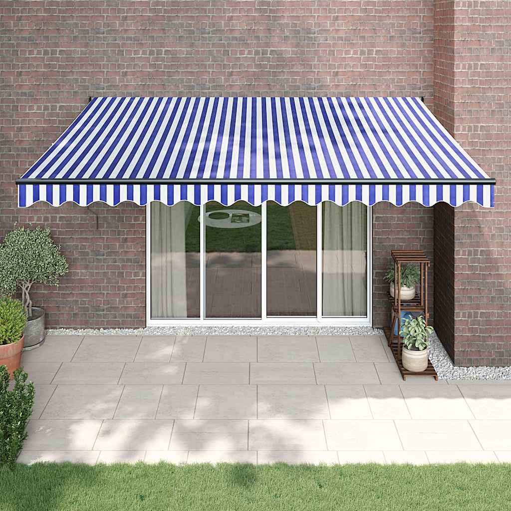 Luifel uittrekbaar 4x3 m stof en aluminium blauw en wit – afbeelding 1