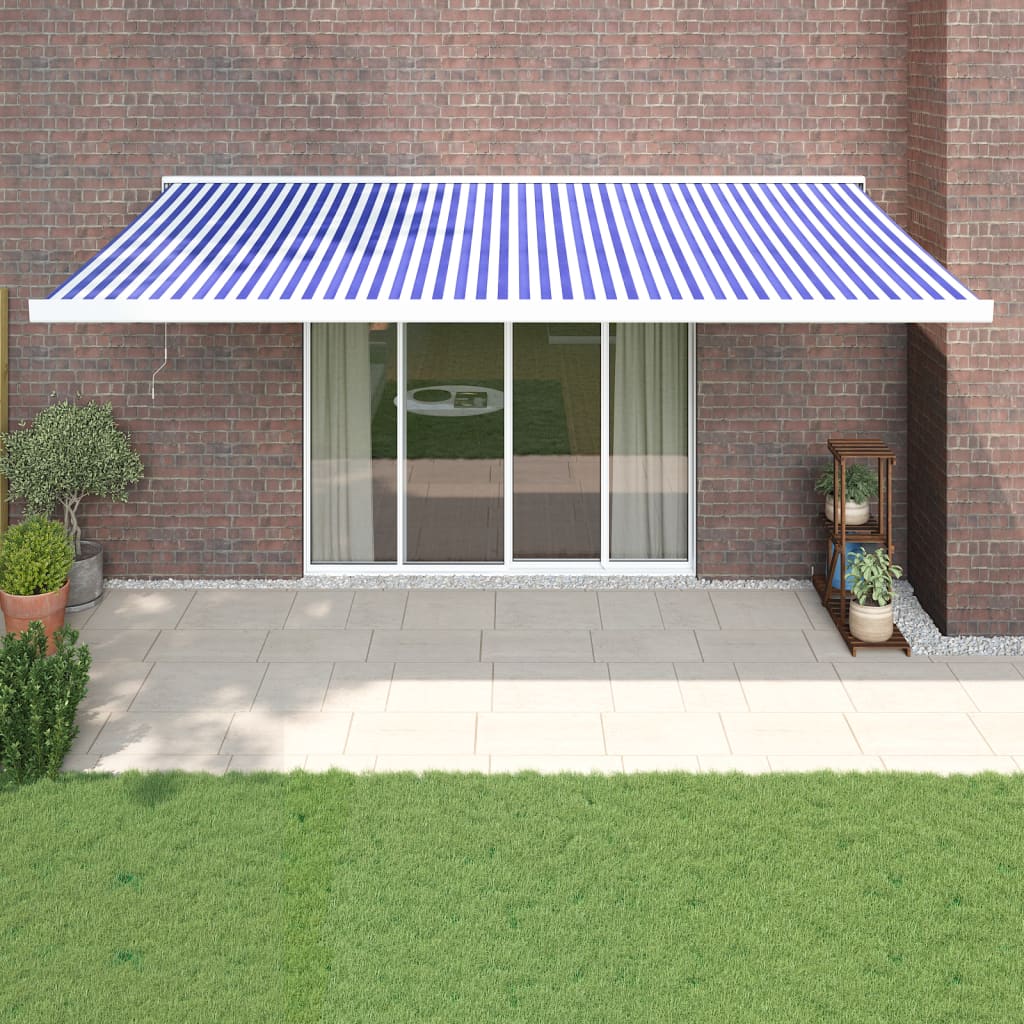 Luifel uittrekbaar 5x3 m stof en aluminium blauw en wit – afbeelding 1