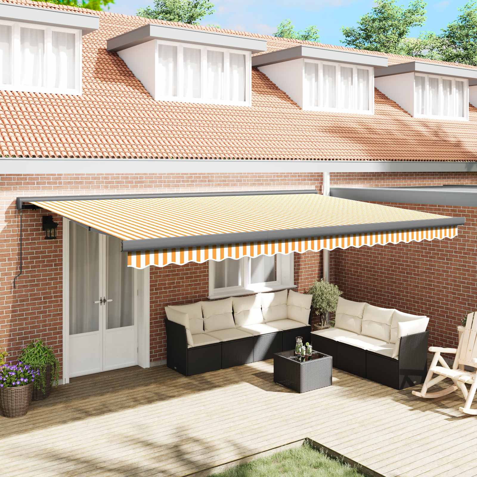 Luifel uittrekbaar 5x3 m stof en aluminium geel en wit – afbeelding 1