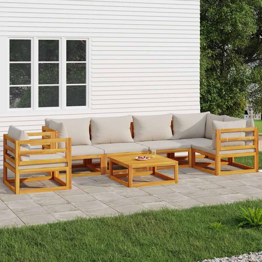 7-delige Loungeset met lichtgrijze kussens massief hout