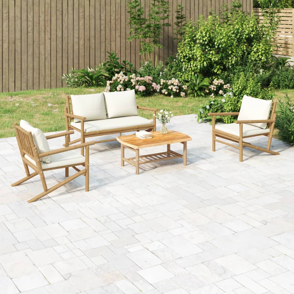 4-delige Loungeset met kussens bamboe crèmewit – afbeelding 1