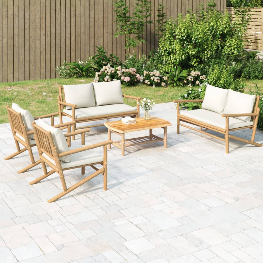 5-delige Loungeset met kussens bamboe crèmewit – afbeelding 1