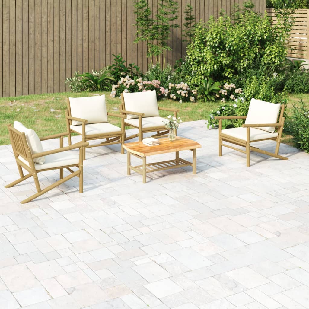 5-delige Loungeset met kussens bamboe crèmewit – afbeelding 1