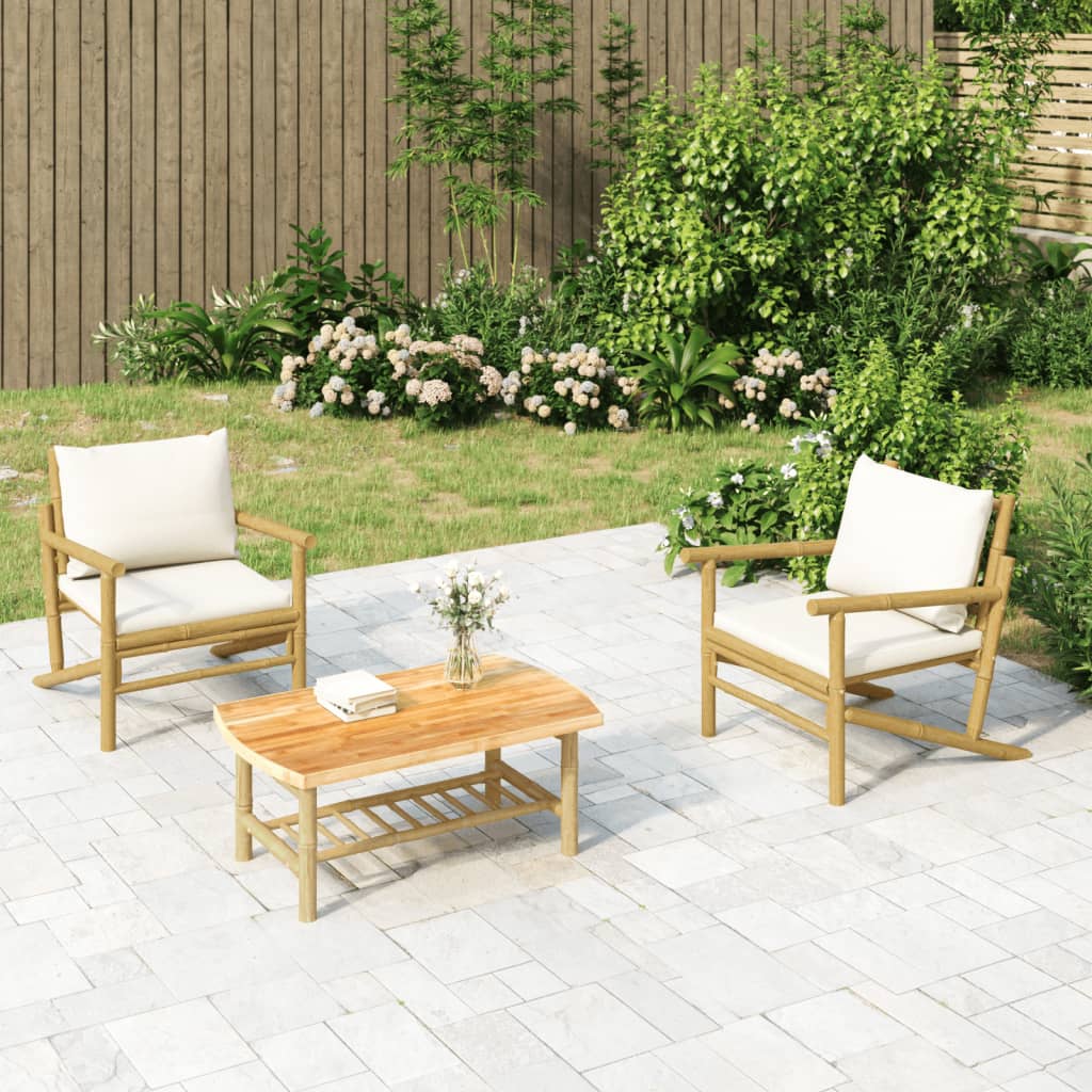 3-delige Loungeset met kussens bamboe crèmewit – afbeelding 1